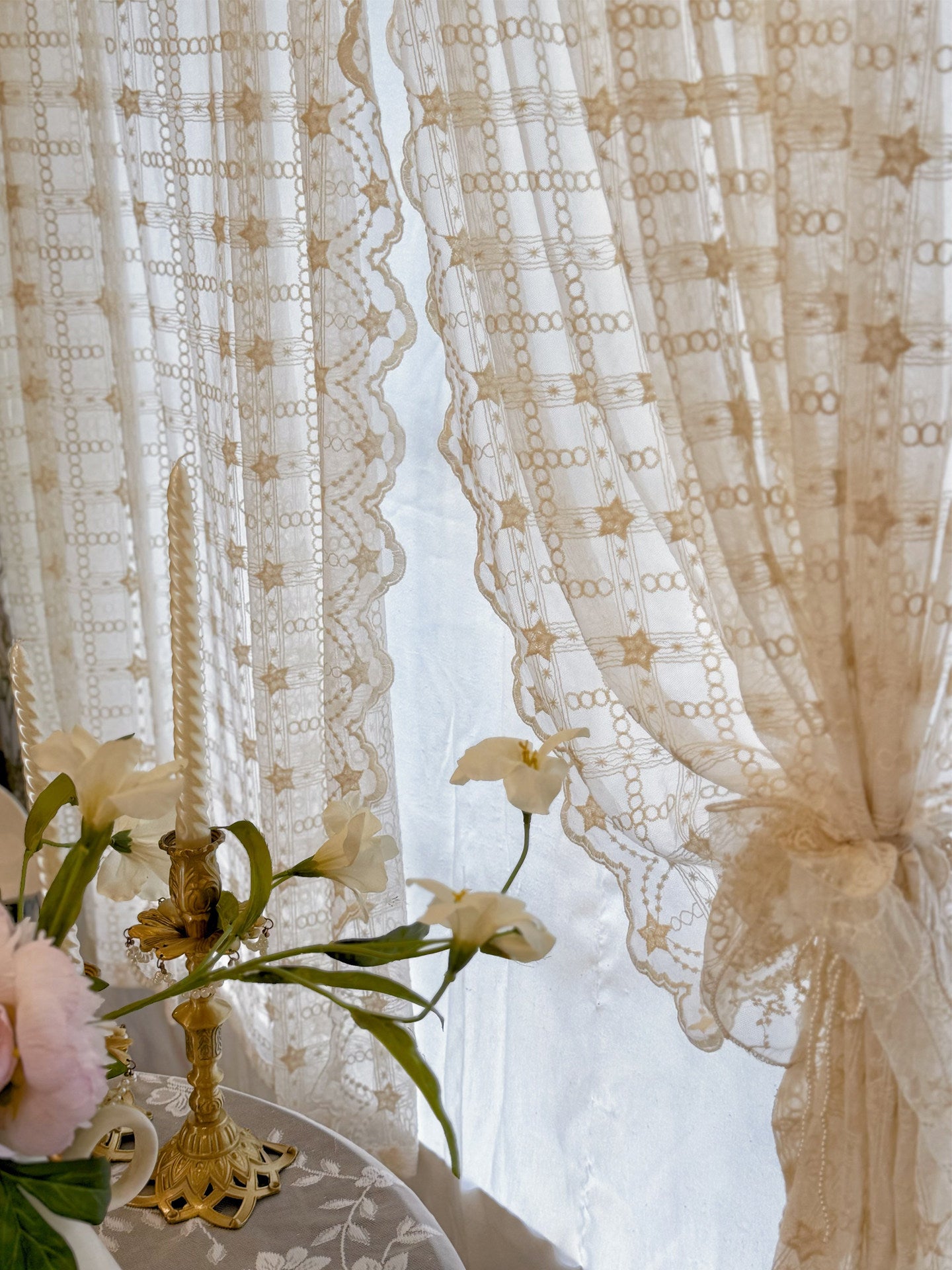 French cream style beige translucent lace gauze curtain partition half curtain door curtain small window curtain - Blind Box Mall