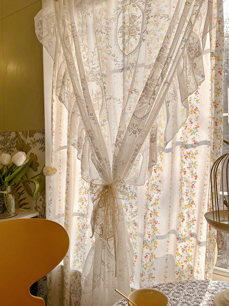 French vintage small floral tulle integrated Korean princess style lace fairy print curtain semi-blackout partition curtain - Blind Box Mall