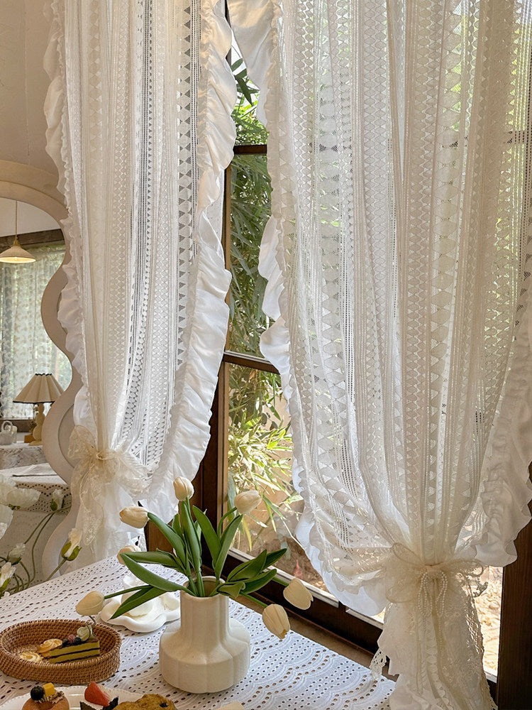 Diamond-shaped cream-white French cut-out lace gauze curtains, American pastoral ruffles, balcony partition curtains, blocking the door curtains - Blind Box Mall