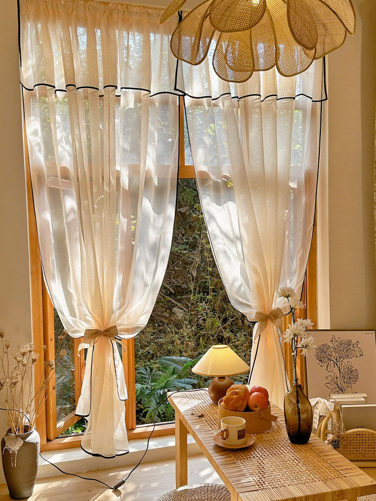 Light French medieval minimalist style champagne linen gauze curtainsJapanese black edge living room balcony tea room curtain top curtains - Blind Box Mall