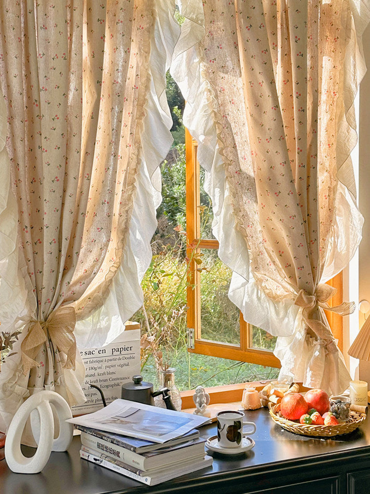 American pastoral style semi-blackout cotton and linen printed small curtainsFrench ruffled partition cloth curtains dormitory shade curtains - Blind Box Mall