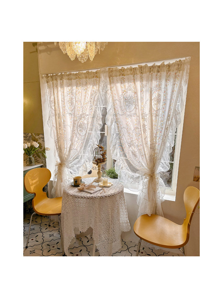 French vintage small floral tulle integrated Korean princess style lace fairy print curtain semi-blackout partition curtain - Blind Box Mall