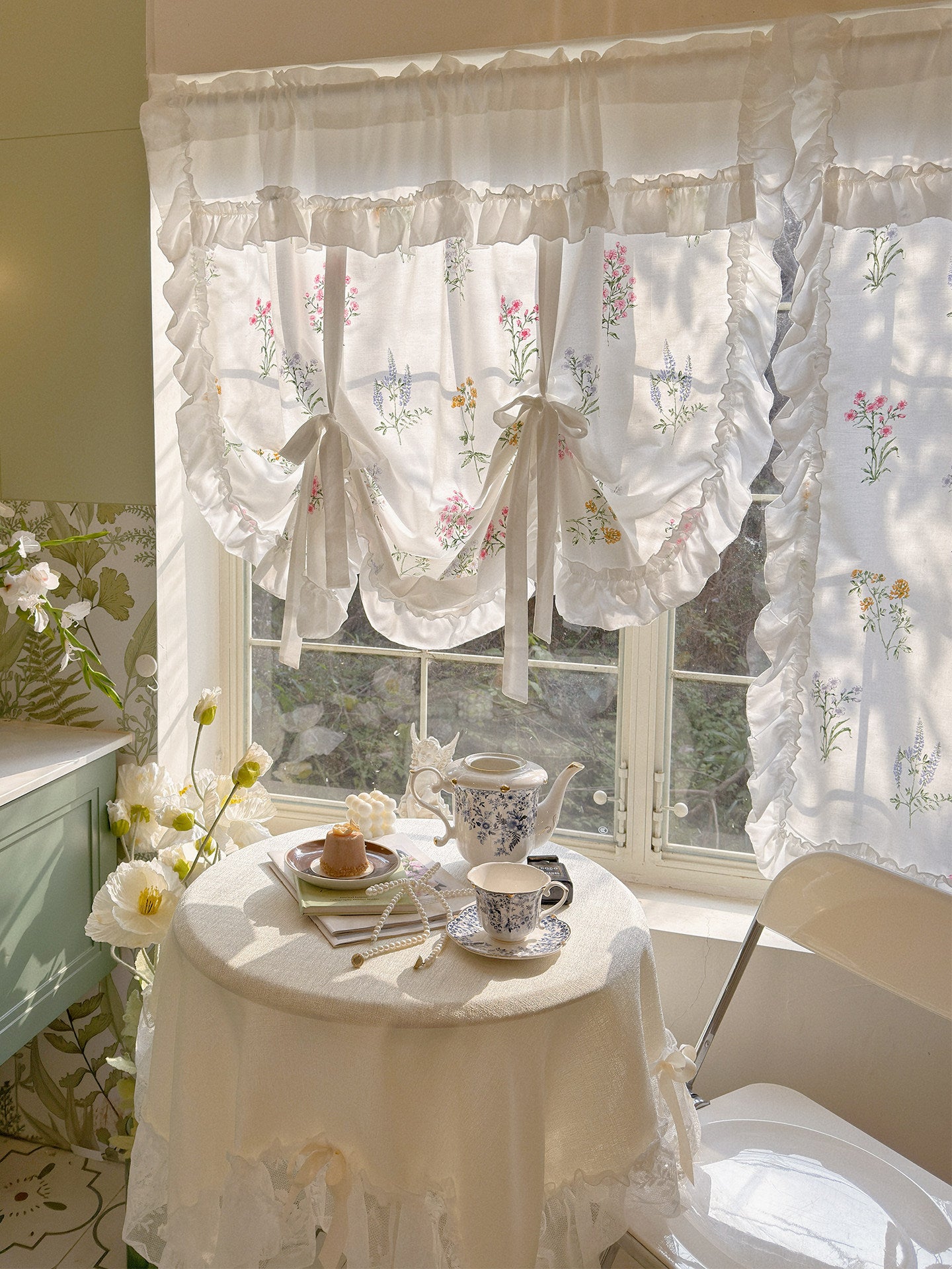 French pastoral fresh plant floral print lift curtain courtyard doorway decoration bay window half curtain kitchen small curtain - Blind Box Mall