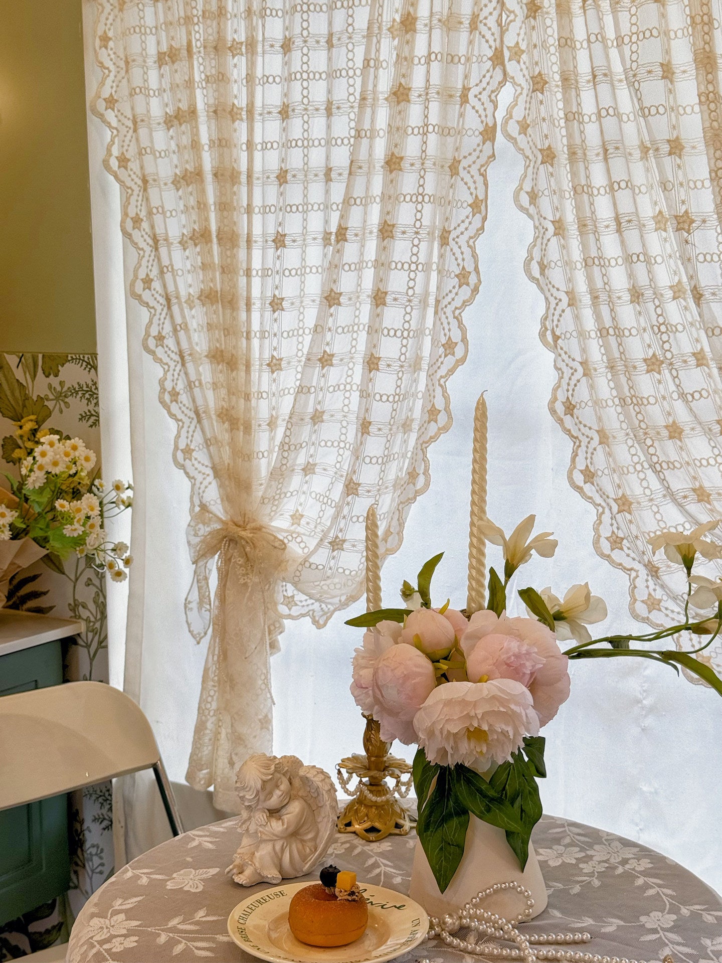 French cream style beige translucent lace gauze curtain partition half curtain door curtain small window curtain - Blind Box Mall