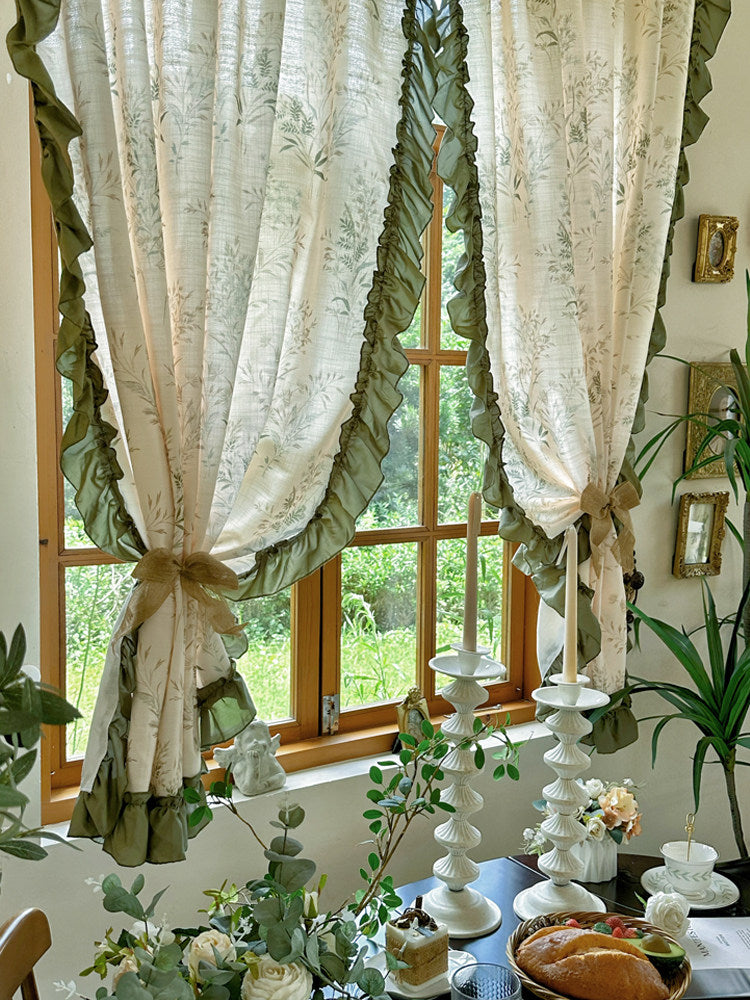 American pastoral style semi-blackout sunshade insulated bedroom living room matcha lace cotton and linen printed curtains partition half curtain - Blind Box Mall