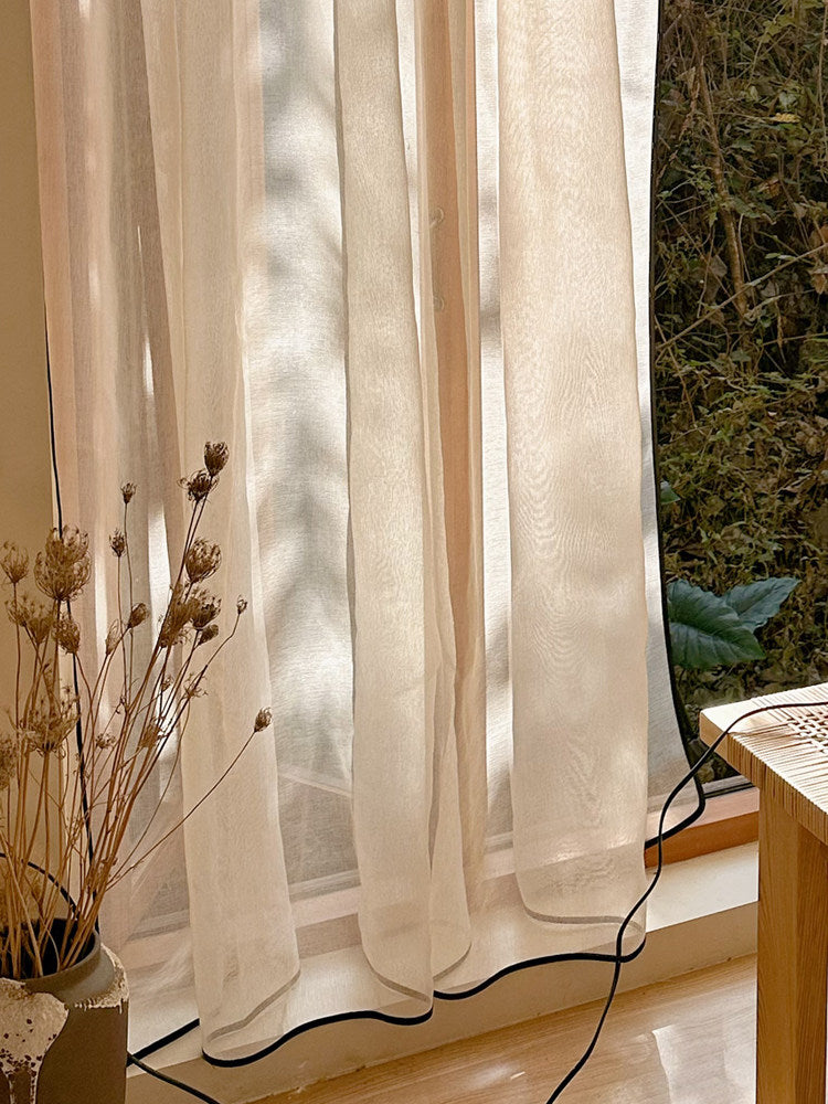 Light French medieval minimalist style champagne linen gauze curtainsJapanese black edge living room balcony tea room curtain top curtains - Blind Box Mall
