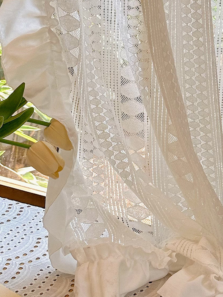 Diamond-shaped cream-white French cut-out lace gauze curtains, American pastoral ruffles, balcony partition curtains, blocking the door curtains - Blind Box Mall