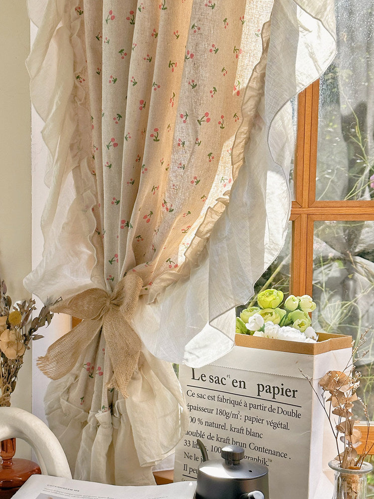 American pastoral style semi-blackout cotton and linen printed small curtainsFrench ruffled partition cloth curtains dormitory shade curtains - Blind Box Mall