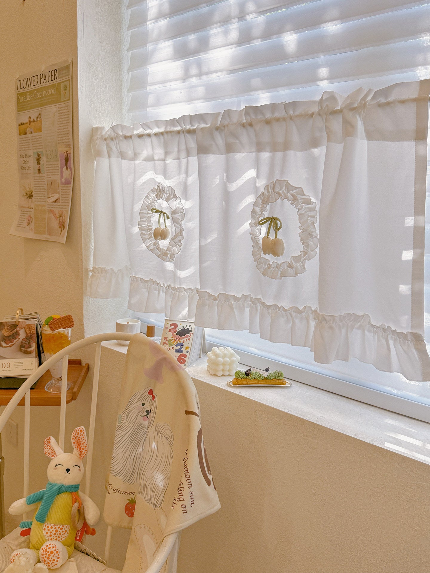 Dopamine sweet style, fresh and sweet country-style tulip short curtains, French-style Korean cream window cabinet decorative curtains - Blind Box Mall