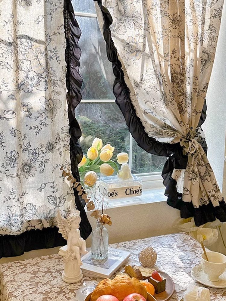 French vintage semi-blackout cotton and linen printed curtainsHepburn style black ruffled half curtains, dormitory partition curtains - Blind Box Mall