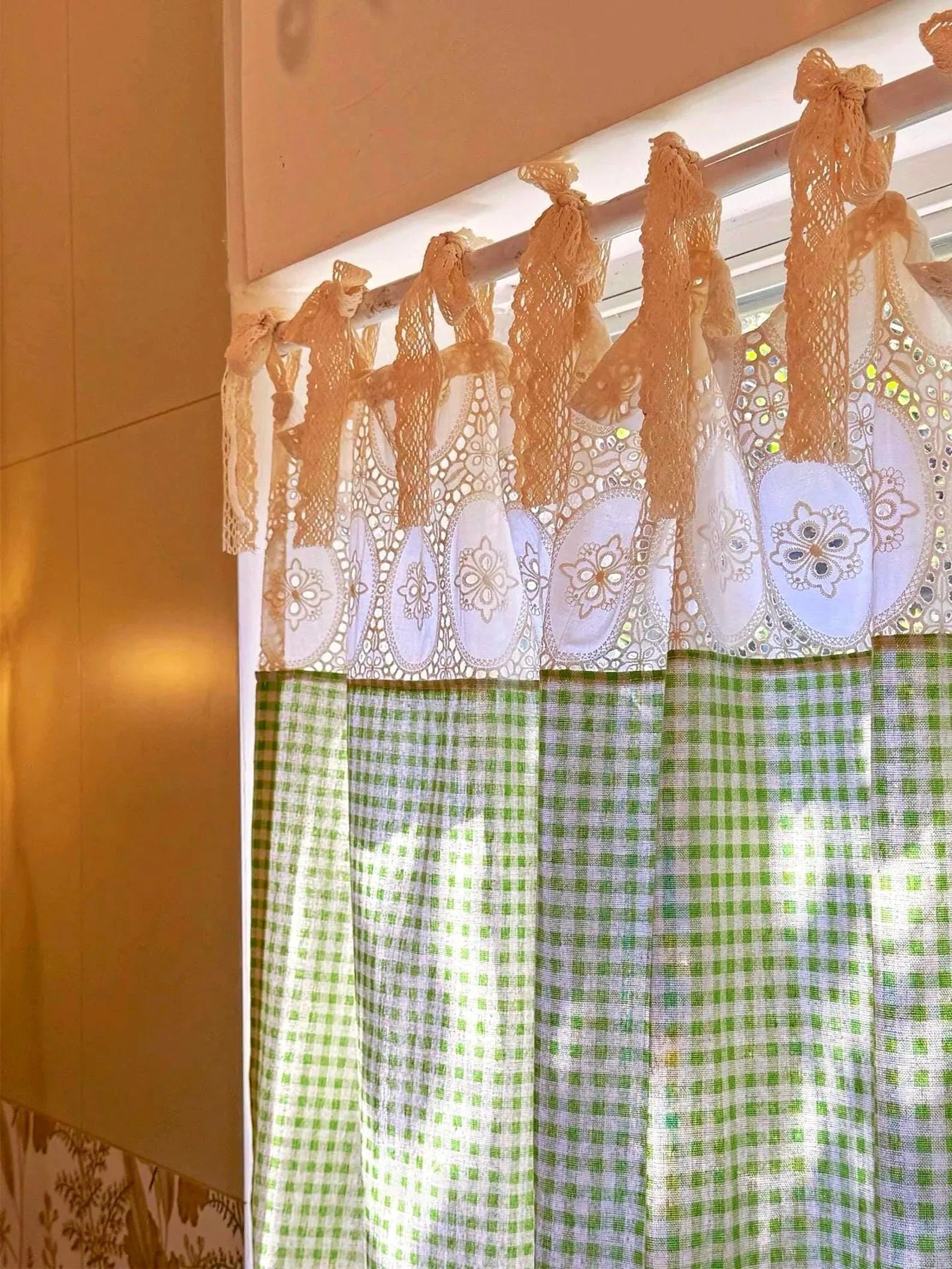 Green Gingham French Lace Curtain - Blind Box Mall