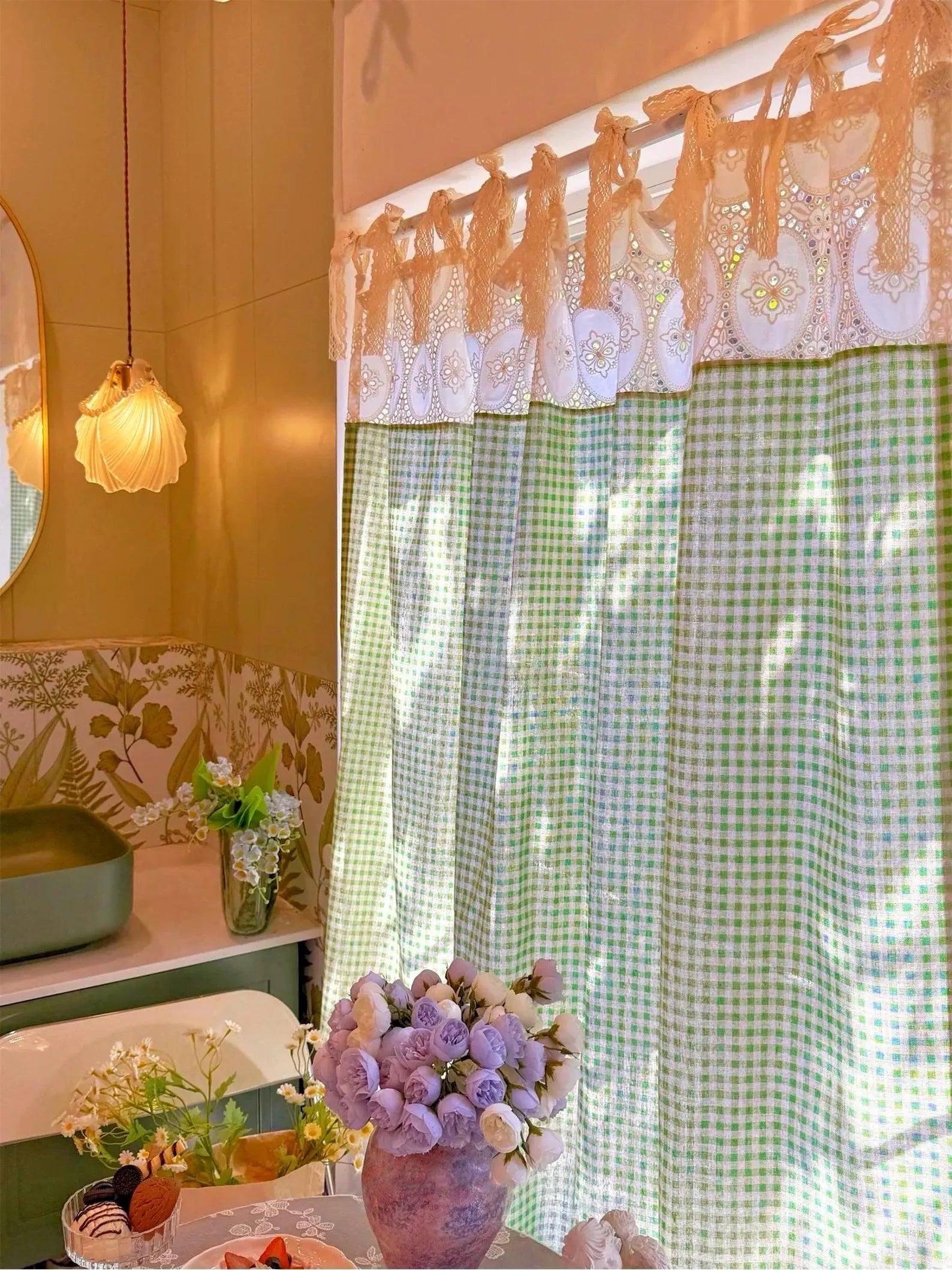 Green Gingham French Lace Curtain - Blind Box Mall