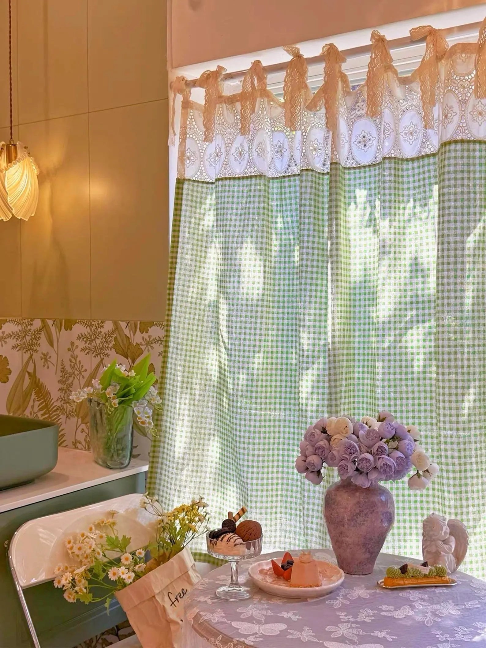 Green Gingham French Lace Curtain - Blind Box Mall