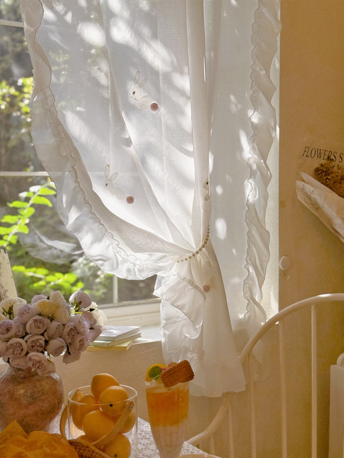 Cream style children's room, cute rabbit embroidered gauze curtain, light transparent, daughter, princess room, study room, bay window curtains - Blind Box Mall