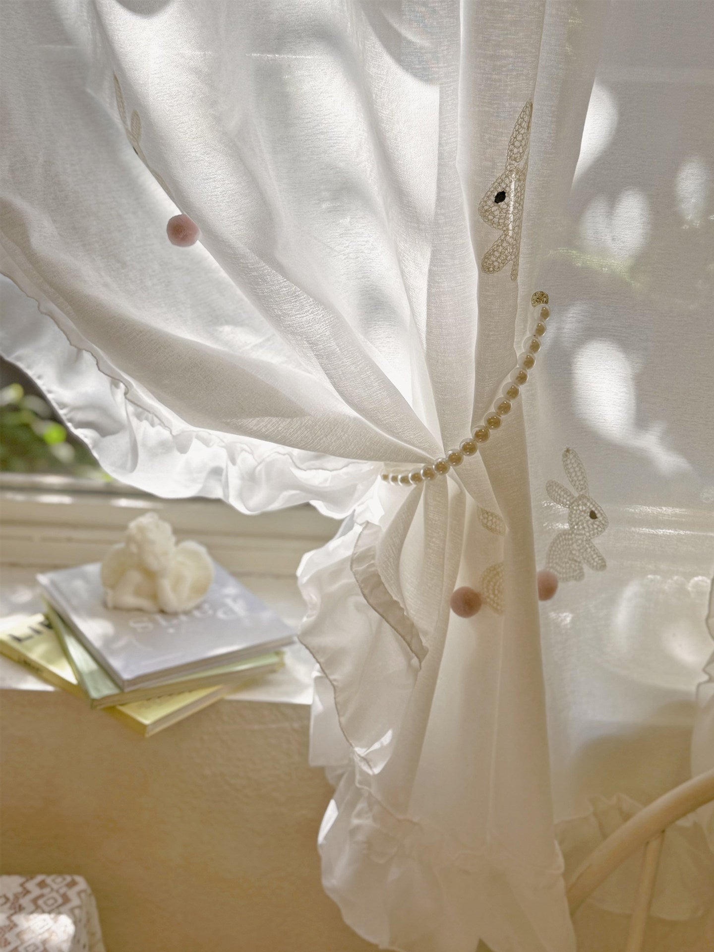 Cream style children's room, cute rabbit embroidered gauze curtain, light transparent, daughter, princess room, study room, bay window curtains - Blind Box Mall