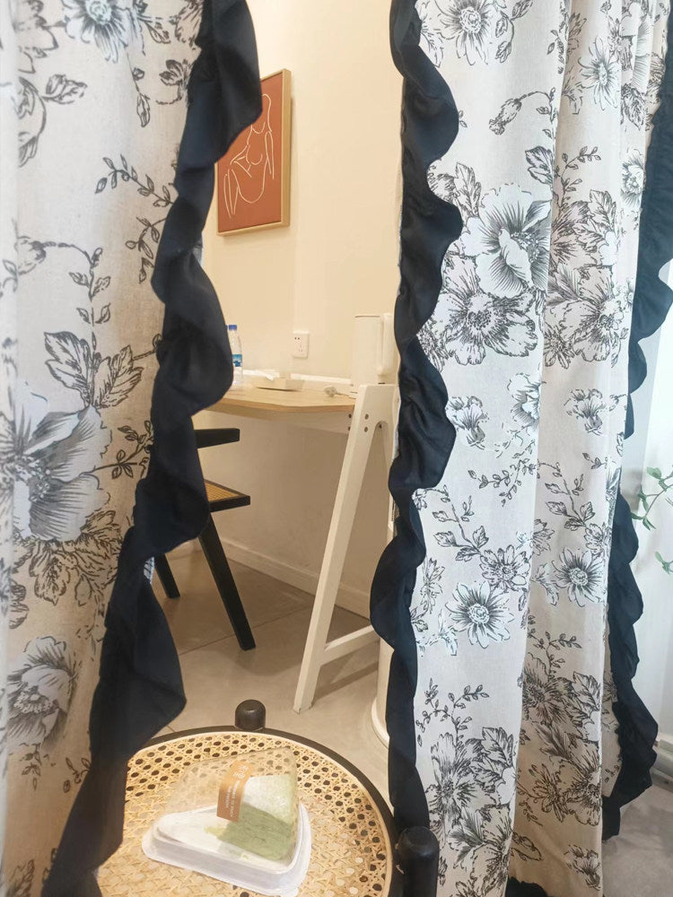 French vintage semi-blackout cotton and linen printed curtainsHepburn style black ruffled half curtains, dormitory partition curtains - Blind Box Mall
