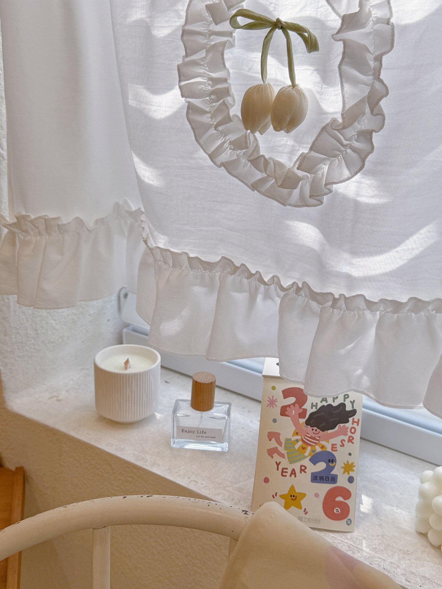 Dopamine sweet style, fresh and sweet country-style tulip short curtains, French-style Korean cream window cabinet decorative curtains - Blind Box Mall