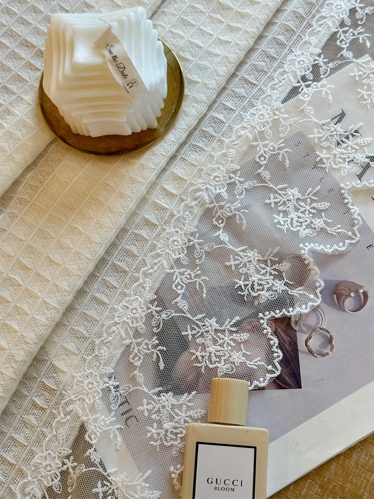 Cream vintage woven linen translucent wabi-sabi gauze curtains, French transparent lace curtains - Blind Box Mall