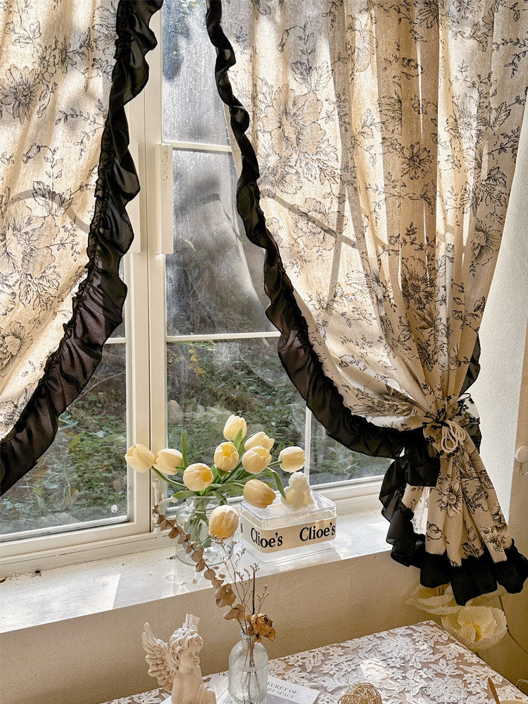 French vintage semi-blackout cotton and linen printed curtainsHepburn style black ruffled half curtains, dormitory partition curtains - Blind Box Mall