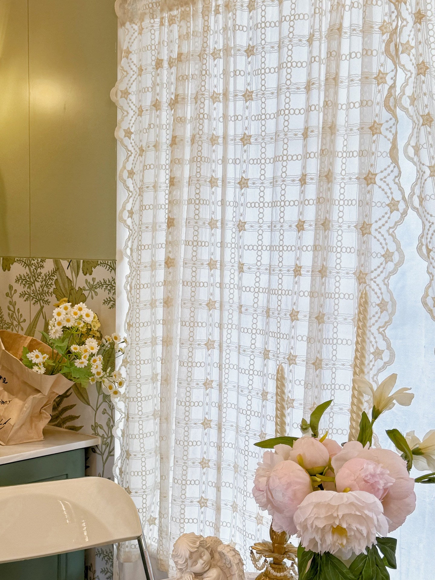 French cream style beige translucent lace gauze curtain partition half curtain door curtain small window curtain - Blind Box Mall