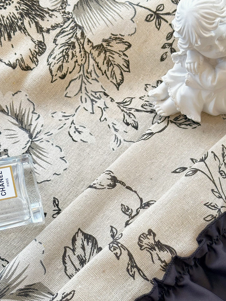 French vintage semi-blackout cotton and linen printed curtainsHepburn style black ruffled half curtains, dormitory partition curtains - Blind Box Mall