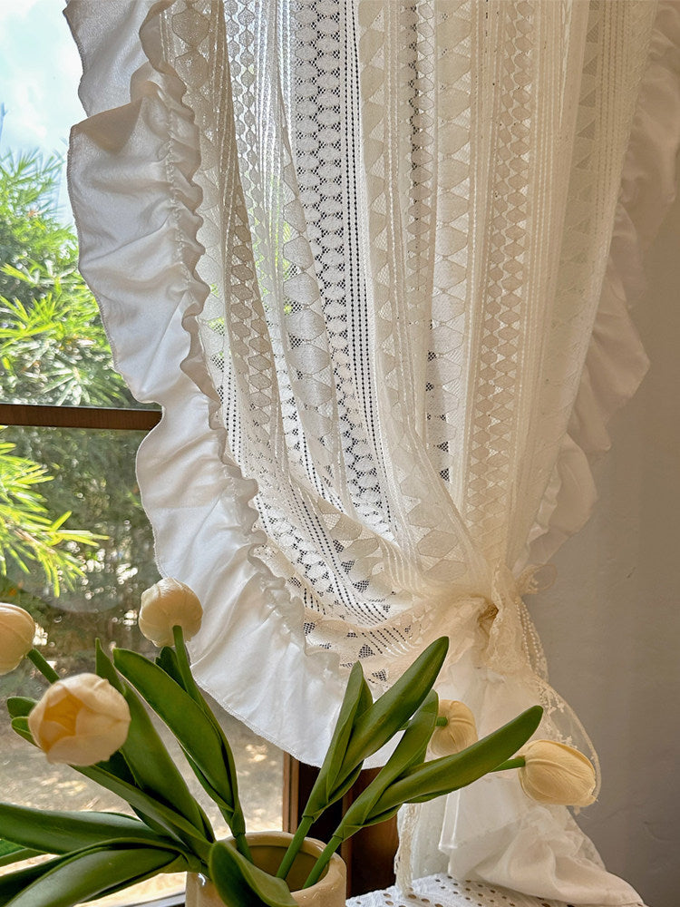 Diamond-shaped cream-white French cut-out lace gauze curtains, American pastoral ruffles, balcony partition curtains, blocking the door curtains - Blind Box Mall