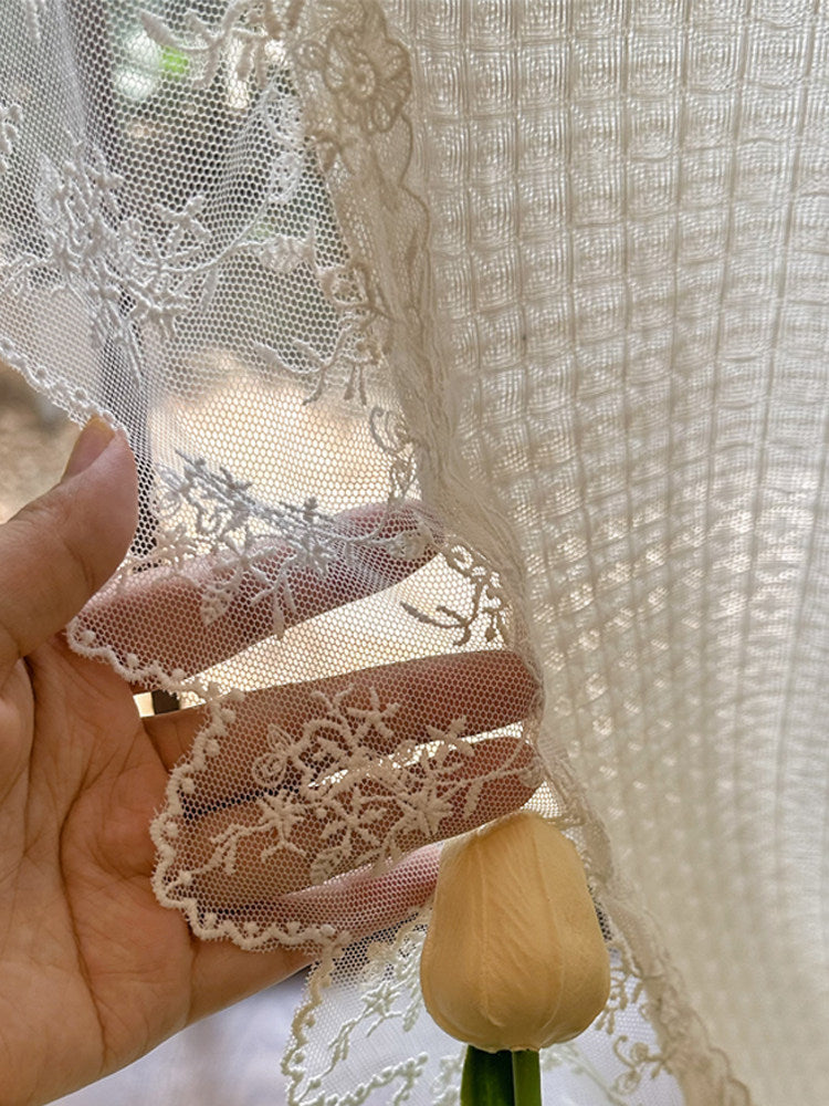 Cream vintage woven linen translucent wabi-sabi gauze curtains, French transparent lace curtains - Blind Box Mall