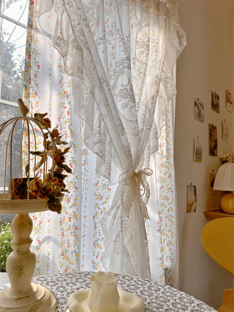 French vintage small floral tulle integrated Korean princess style lace fairy print curtain semi-blackout partition curtain - Blind Box Mall