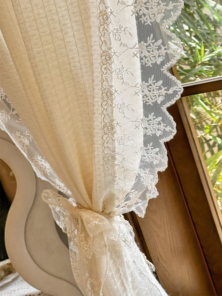 Cream vintage woven linen translucent wabi-sabi gauze curtains, French transparent lace curtains - Blind Box Mall