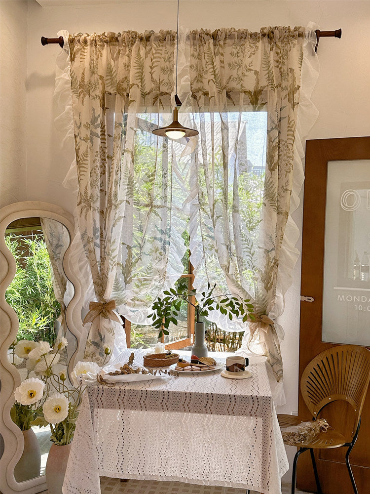 American fern leaf printed yarn ruffled pastoral style transparent balcony partition curtains, French retro floor-to-ceiling curtains - Blind Box Mall
