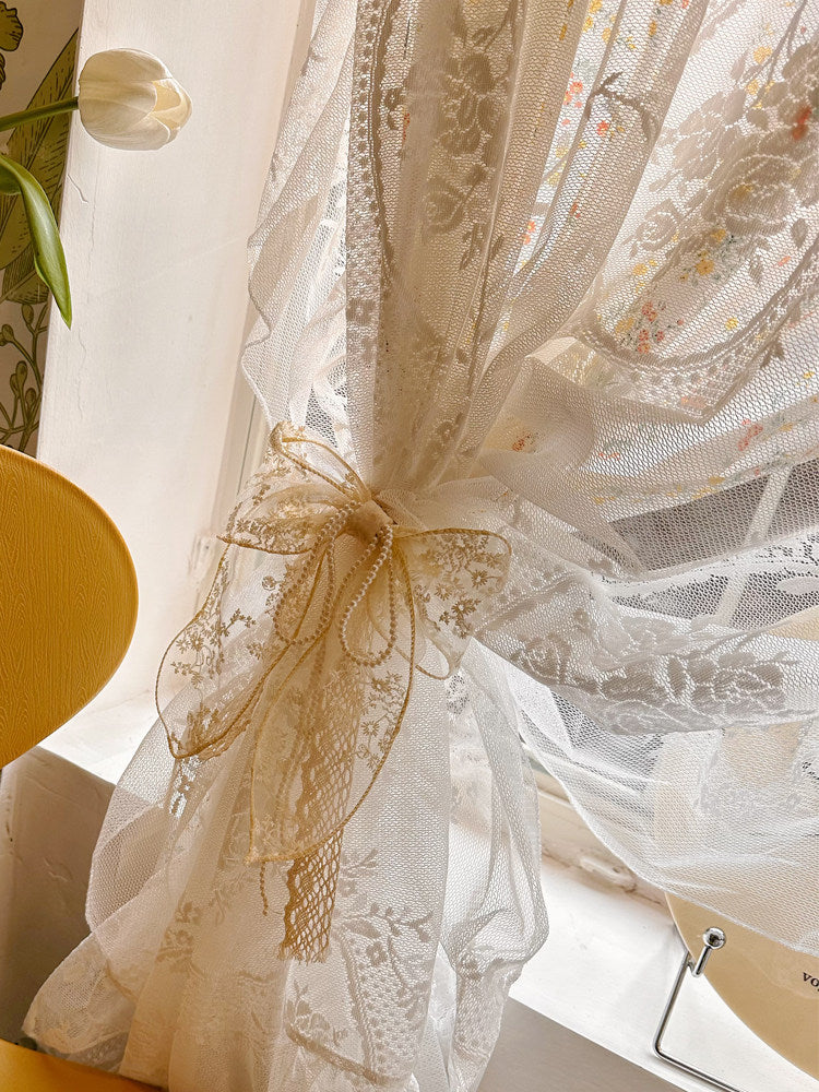 French vintage small floral tulle integrated Korean princess style lace fairy print curtain semi-blackout partition curtain - Blind Box Mall