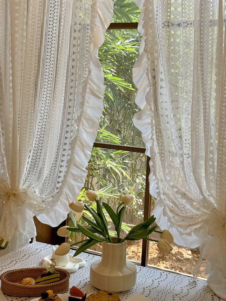 Diamond-shaped cream-white French cut-out lace gauze curtains, American pastoral ruffles, balcony partition curtains, blocking the door curtains - Blind Box Mall