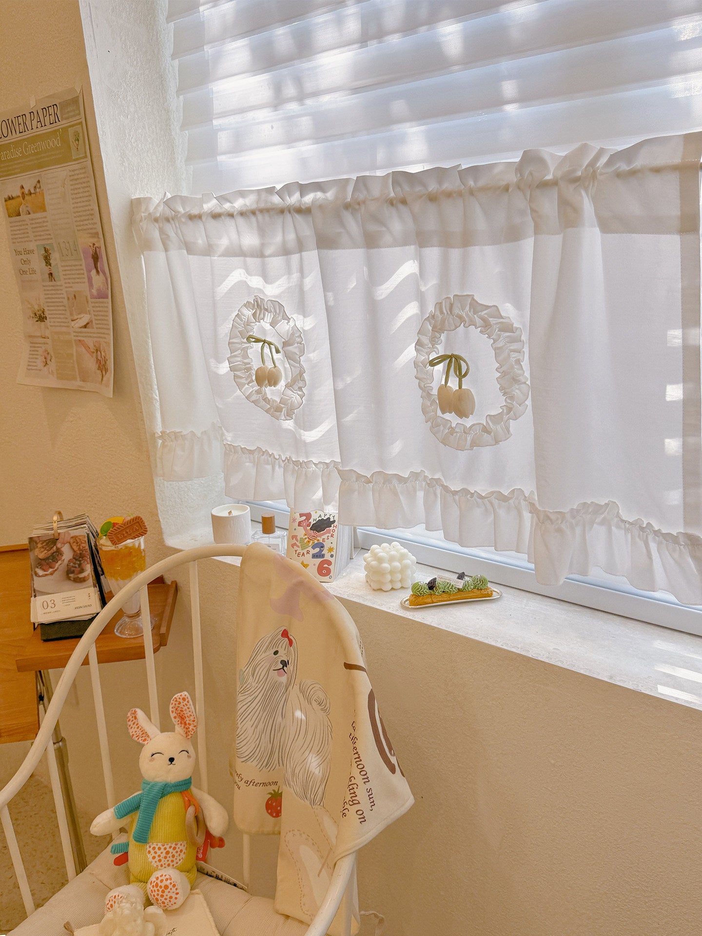 Dopamine sweet style, fresh and sweet country-style tulip short curtains, French-style Korean cream window cabinet decorative curtains - Blind Box Mall