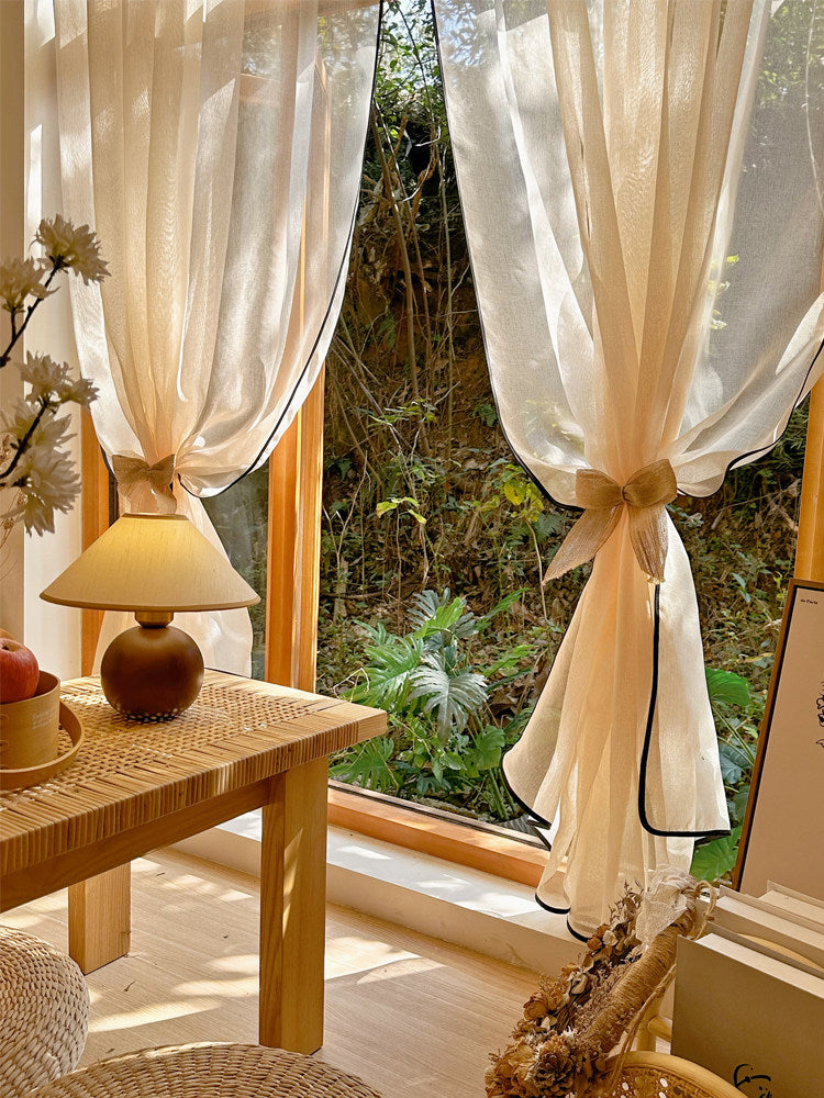 Light French medieval minimalist style champagne linen gauze curtainsJapanese black edge living room balcony tea room curtain top curtains - Blind Box Mall