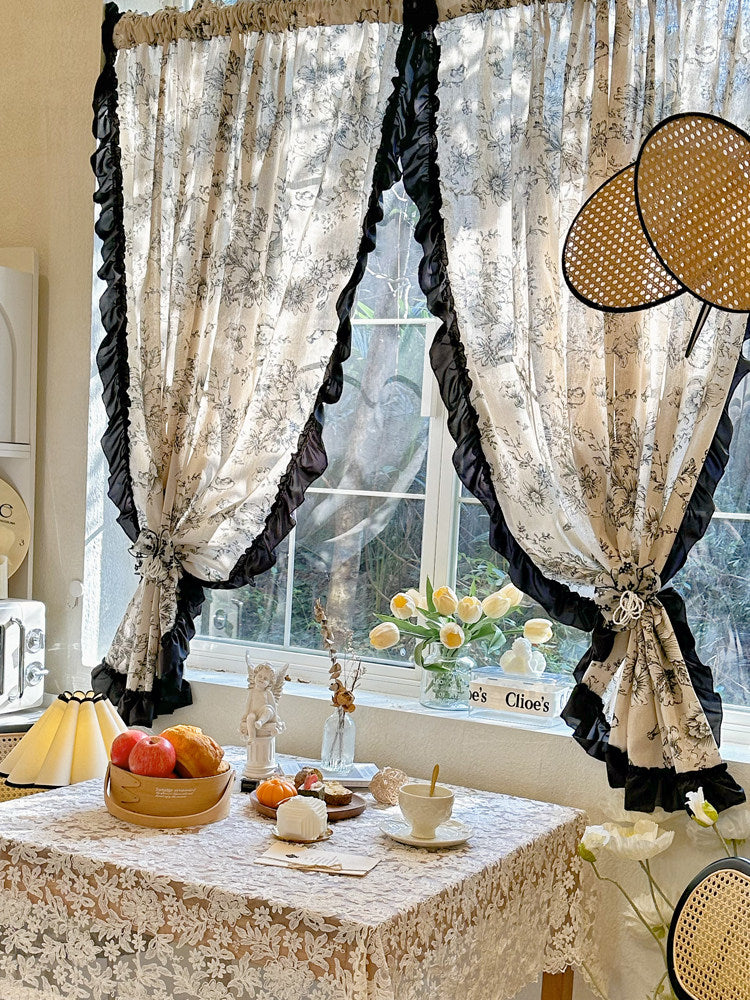 French vintage semi-blackout cotton and linen printed curtainsHepburn style black ruffled half curtains, dormitory partition curtains - Blind Box Mall