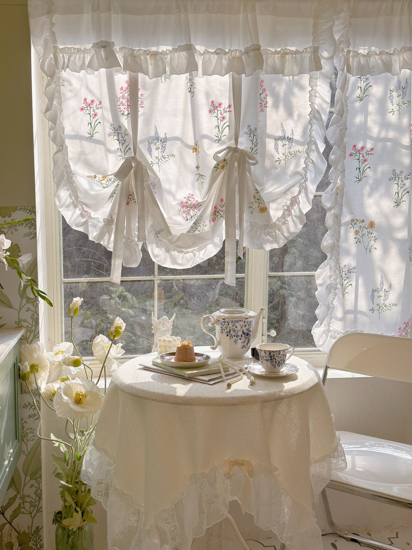 French pastoral fresh plant floral print lift curtain courtyard doorway decoration bay window half curtain kitchen small curtain - Blind Box Mall