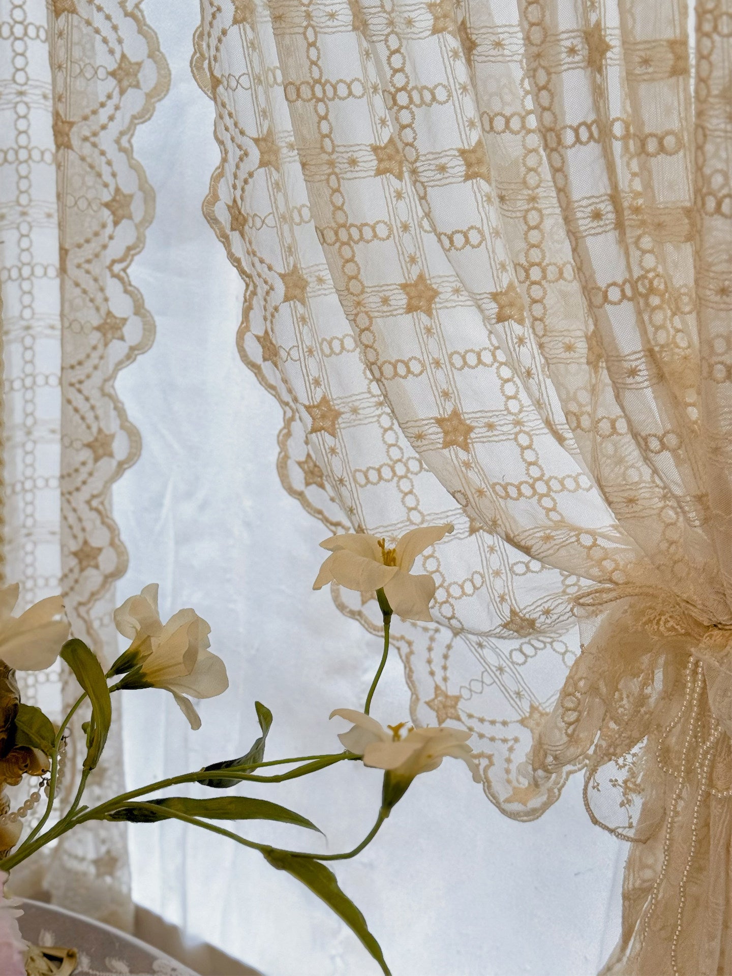 French cream style beige translucent lace gauze curtain partition half curtain door curtain small window curtain - Blind Box Mall