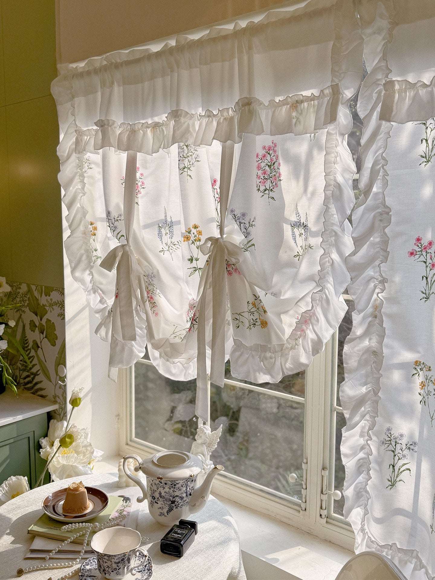 French pastoral fresh plant floral print lift curtain courtyard doorway decoration bay window half curtain kitchen small curtain - Blind Box Mall