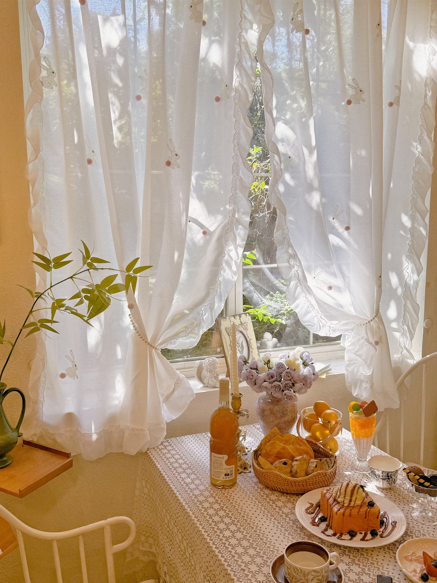 Cream style children's room, cute rabbit embroidered gauze curtain, light transparent, daughter, princess room, study room, bay window curtains - Blind Box Mall