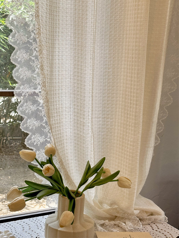 Cream vintage woven linen translucent wabi-sabi gauze curtains, French transparent lace curtains - Blind Box Mall
