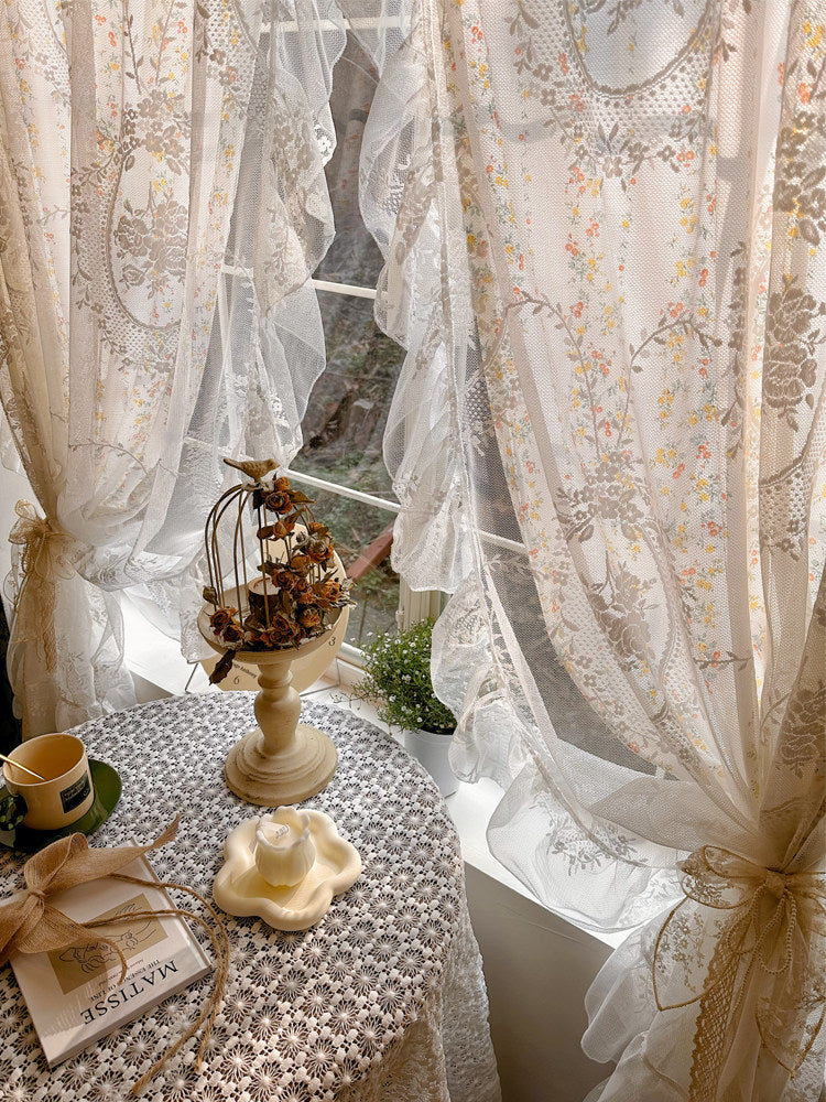 French vintage small floral tulle integrated Korean princess style lace fairy print curtain semi-blackout partition curtain - Blind Box Mall