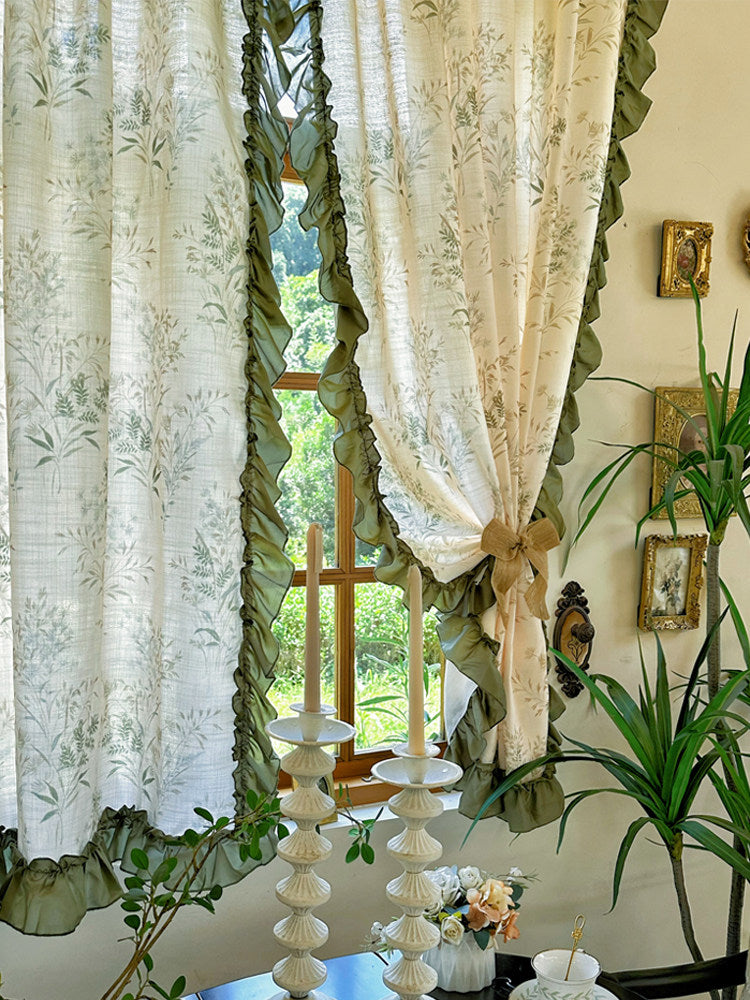 American pastoral style semi-blackout sunshade insulated bedroom living room matcha lace cotton and linen printed curtains partition half curtain - Blind Box Mall