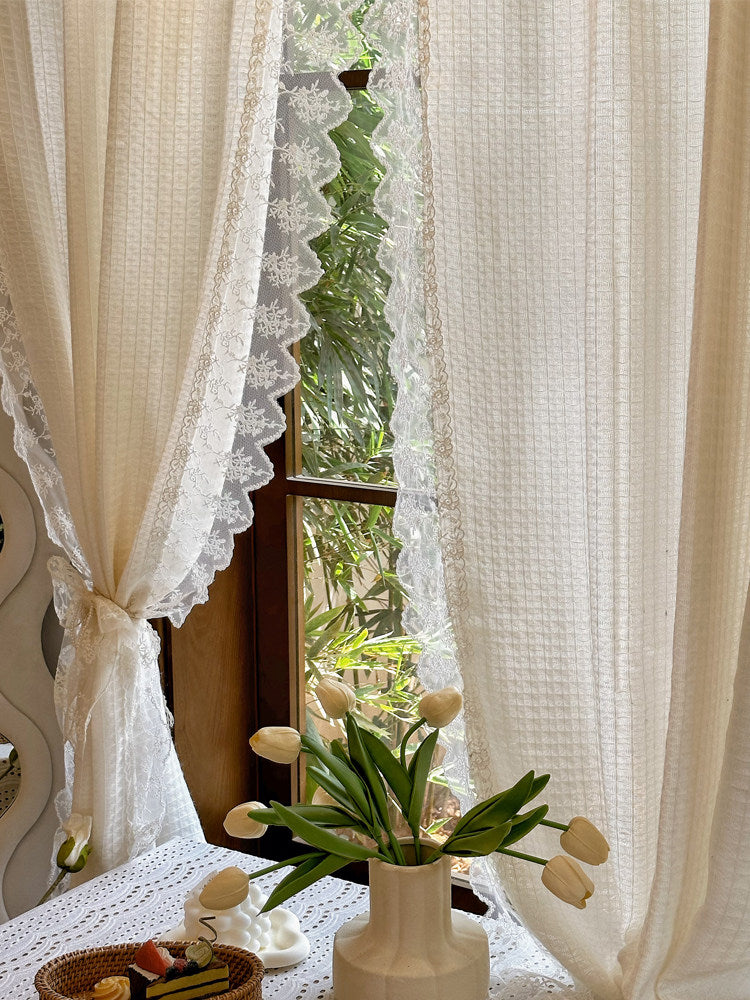 Cream vintage woven linen translucent wabi-sabi gauze curtains, French transparent lace curtains - Blind Box Mall