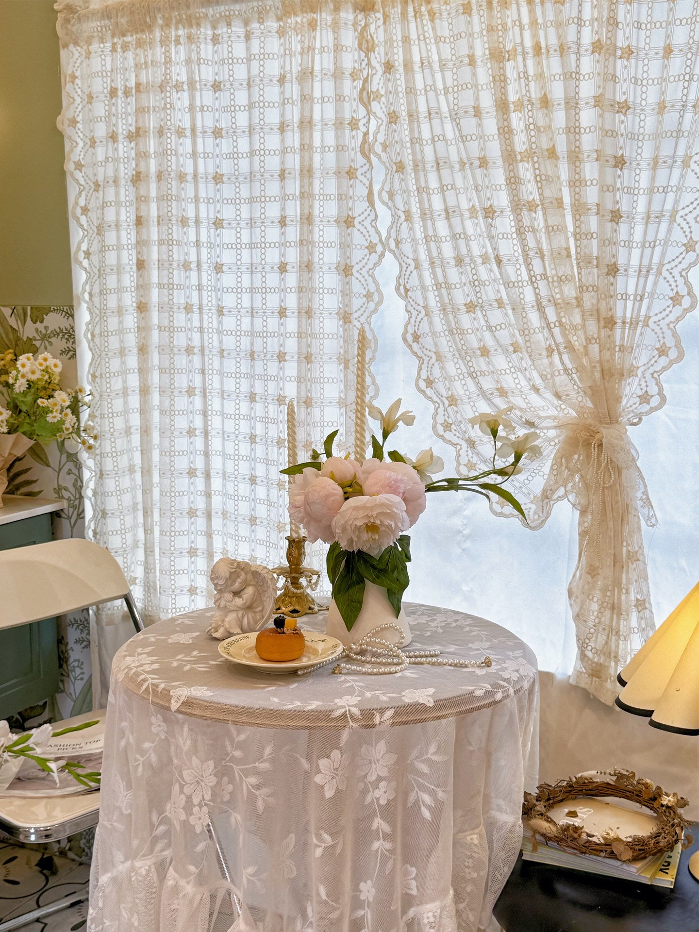 French cream style beige translucent lace gauze curtain partition half curtain door curtain small window curtain - Blind Box Mall