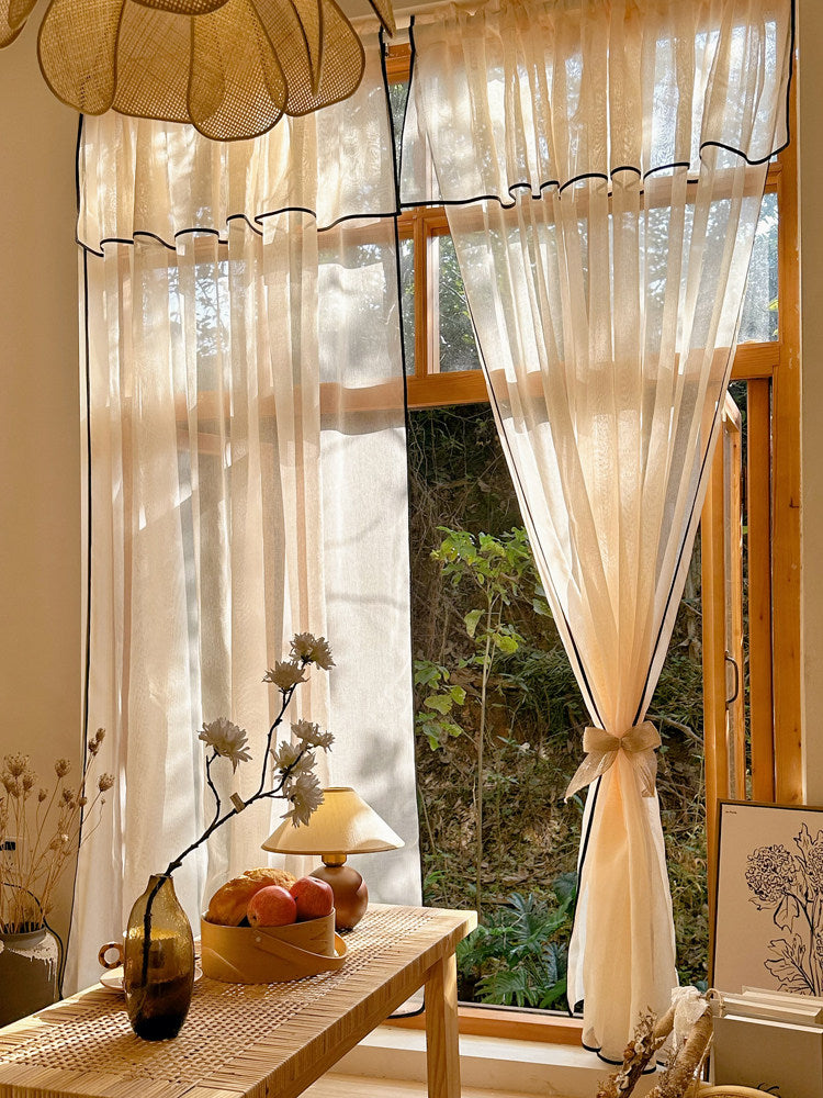 Light French medieval minimalist style champagne linen gauze curtainsJapanese black edge living room balcony tea room curtain top curtains - Blind Box Mall